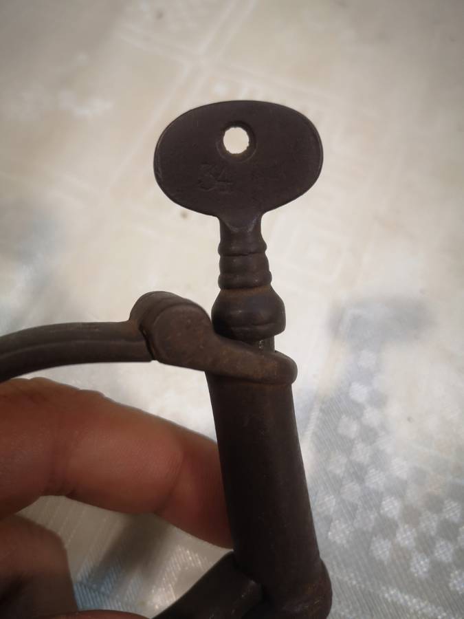 Rare pair of antique circa 1840, British, iron Hiatt Victorian handcuffs - Complete working