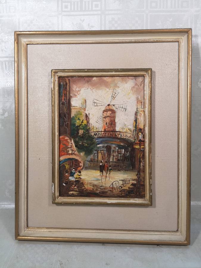 Original Vintage Oil Painting of Moulin Rouge - People in Street Scene - Signed