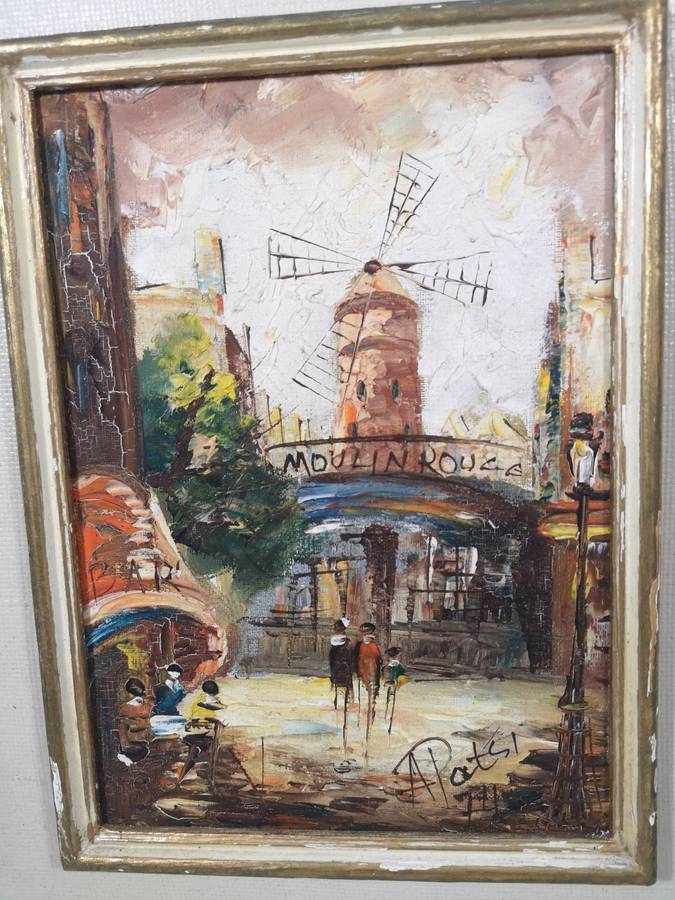 Original Vintage Oil Painting of Moulin Rouge - People in Street Scene - Signed