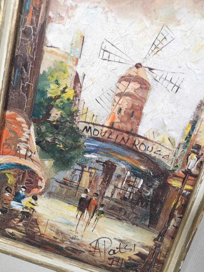 Original Vintage Oil Painting of Moulin Rouge - People in Street Scene - Signed