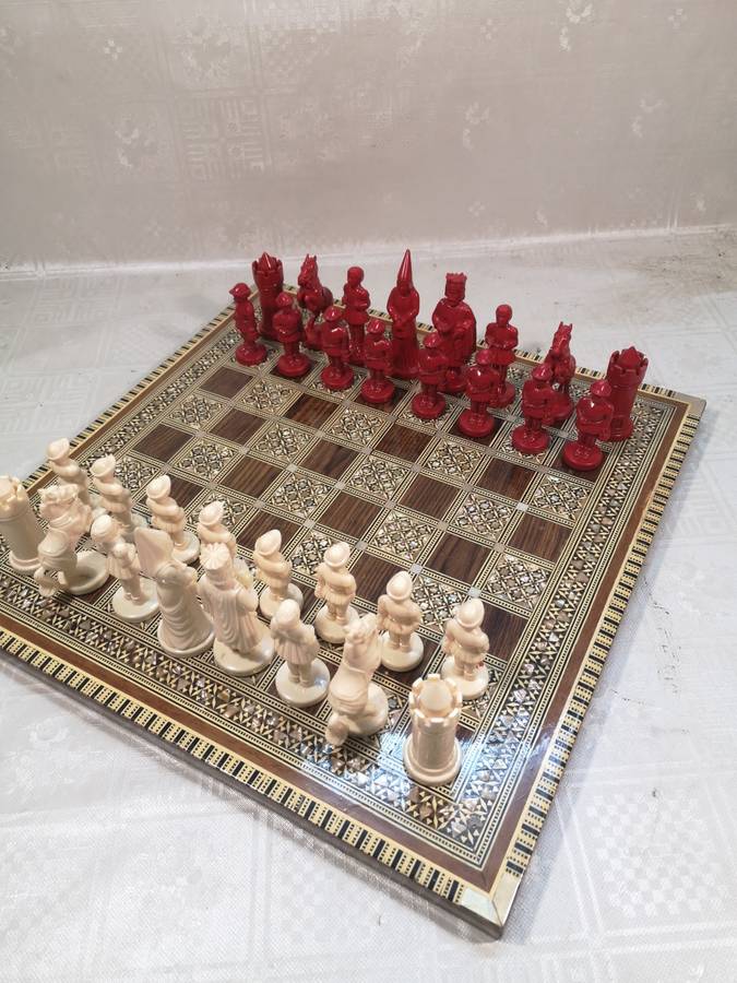 Magnificent Vintage Renaissance Chess Set On a Mother of Pearl Inlaid Chess Board