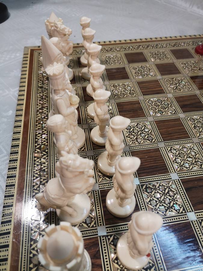 Magnificent Vintage Renaissance Chess Set On a Mother of Pearl Inlaid Chess Board