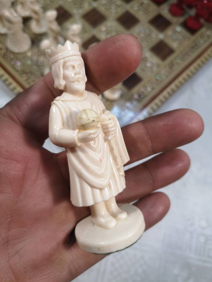Magnificent Vintage Renaissance Chess Set On a Mother of Pearl Inlaid Chess Board