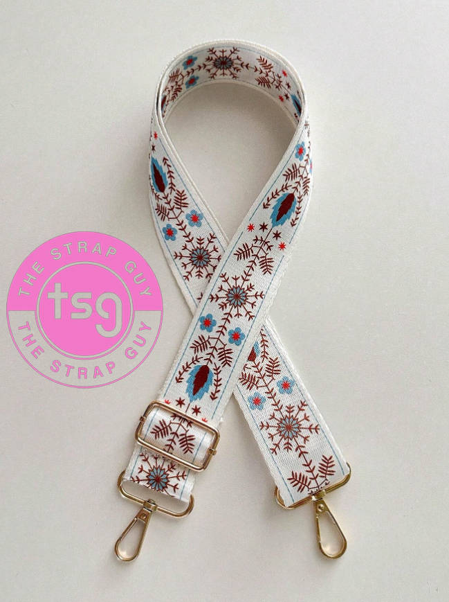 Cross Body Bag strap - Blue & gold snowflakes on white design - Single sided with wording on inner
