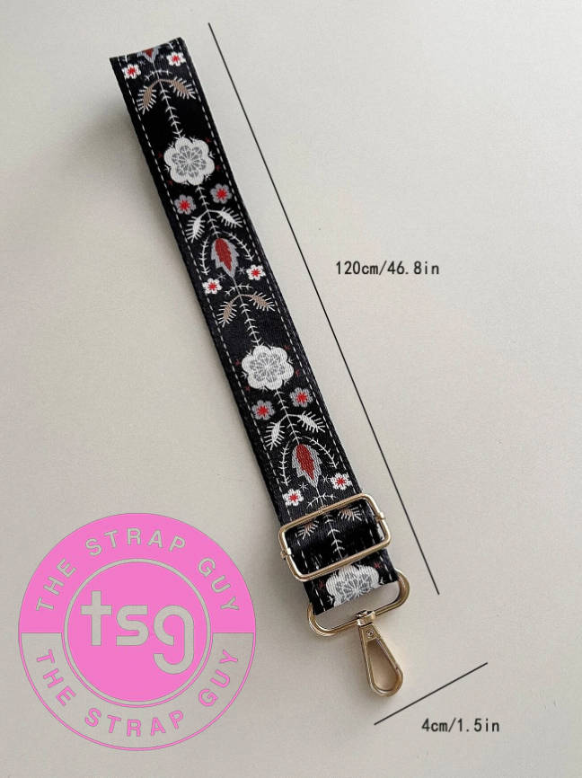 Cross Body Bag strap - Blue & red snowflakes on black design - Single sided with wording on inner