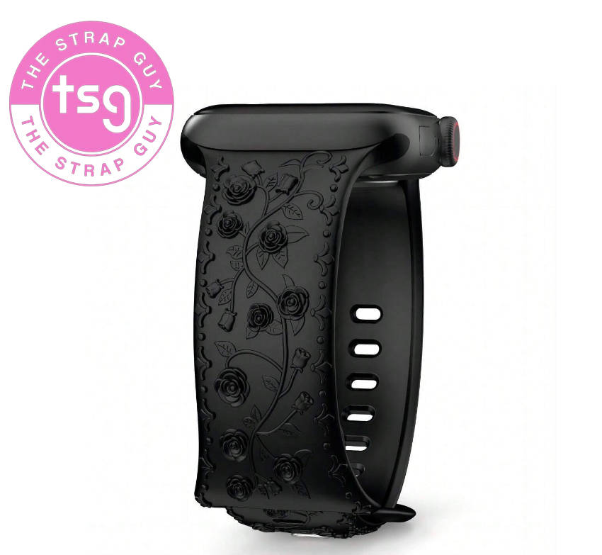 Embossed Rose Silicone Watch Band compatible with Apple watch 42mm to 49mm - Black
