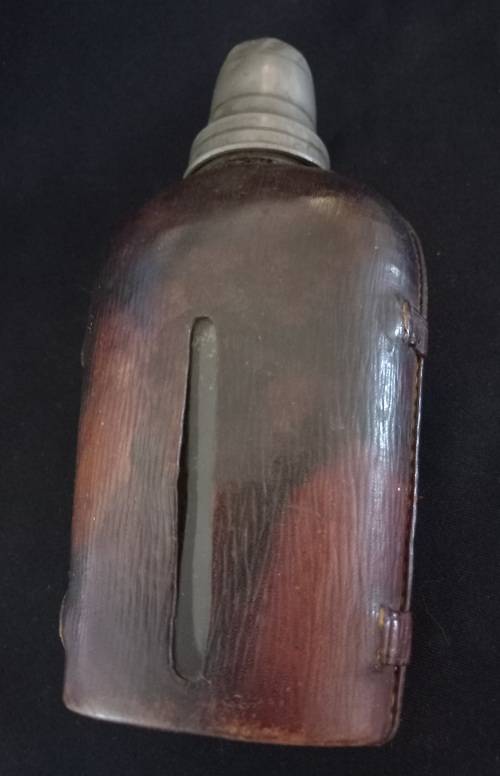 Antique Leather and Glass Hip Flask with Shot Cup - Size: 190 x 95mm