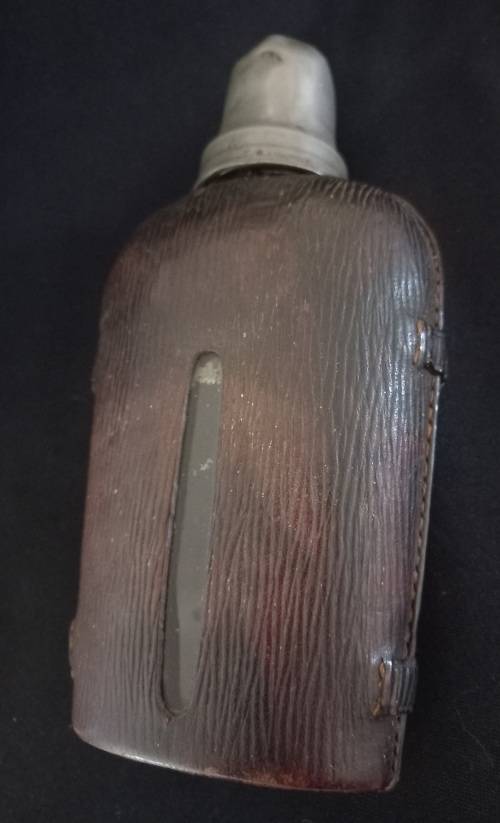 Antique Leather and Glass Hip Flask with Shot Cup - Size: 190 x 95mm