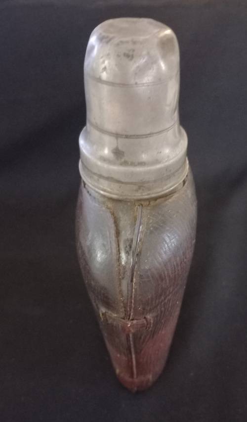 Antique Leather and Glass Hip Flask with Shot Cup - Size: 190 x 95mm