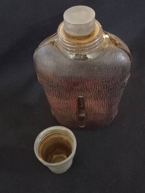 Antique Leather and Glass Hip Flask with Shot Cup - Size: 190 x 95mm