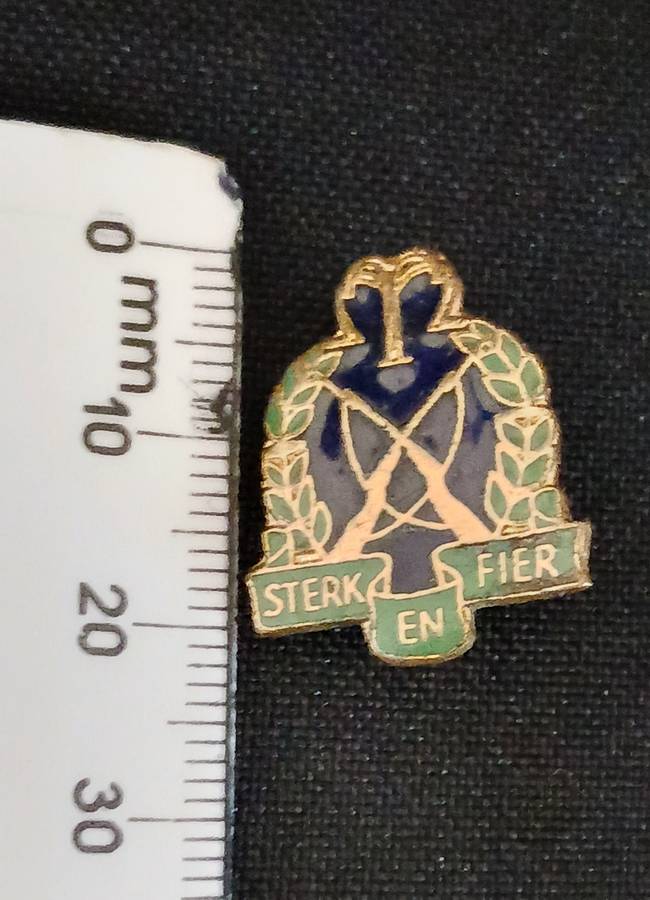 REGIMENT TOBIE MULLER ENAMEL LAPEL BADGE   ` STERK EN FIER `  *** RARE ***    V110