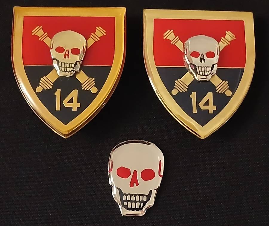SADF 14 FIELD ARTILLERY REGIMENT SHOULDER FLASH PAIR ( SKULL MOUNTED ON TOP ) + BADGE            R49