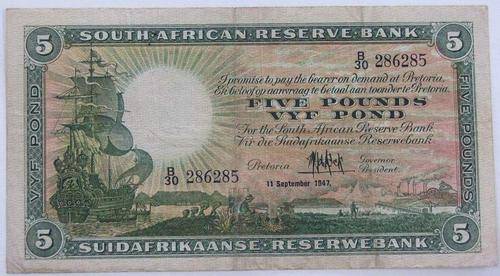 MH de Kock 1st ISSUE Five Pounds / Vyf  Pond  Banknote VF.