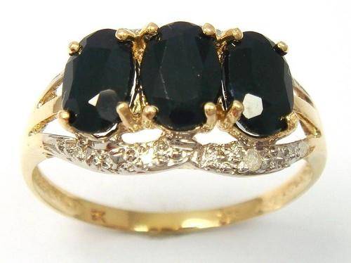 SPLENDID SOLID GOLD 10KT OVAL BLACK SAPPHIRE DIAMOND RING SIZE 7