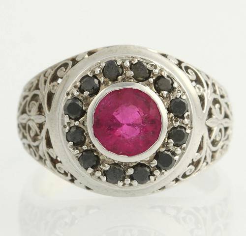 HIGH KARAT GOLD!!!  SOLID 14 KT WHITE GOLD PINK TOURMALINE BLACK DIAMOND COCKTAIL RING