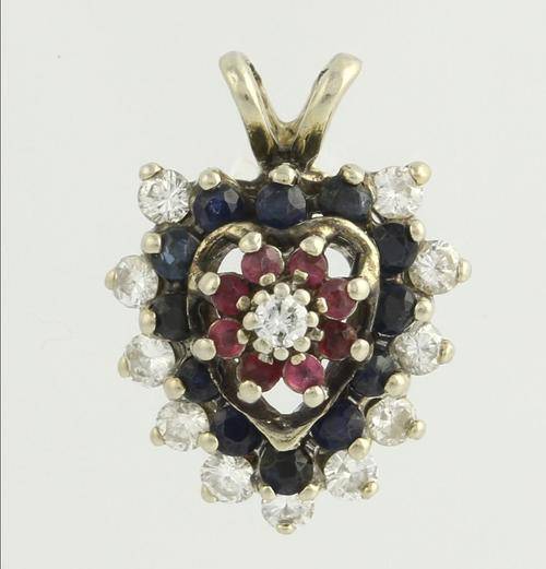 GEMSTONE PENDANT GENUINE DIAMOND RUBY SAPPHIRE 10 KT SOLID WHITE GOLD
