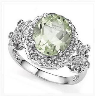 EXQUISITE 2.92 CARAT GREEN AMETHYST & GENUINE DIAMOND PLATINUM OVER 0.925 STERLING SILVER RING