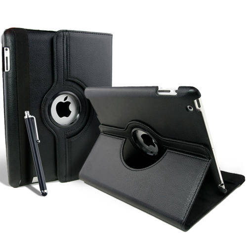 Black 360 degrees Rotating Swivel Magnetic Smart Leather Stand Cover Case for iPad 3 + Stylus