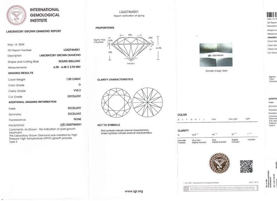 1.00CT Brilliant Round IGI Certified Diamond Ring Colour D VVS2 Set on 18K WHITE GOLD Size 6.5(M)