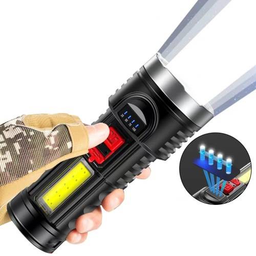 USB Rechargeable Flashlight with Side Light Battery Display