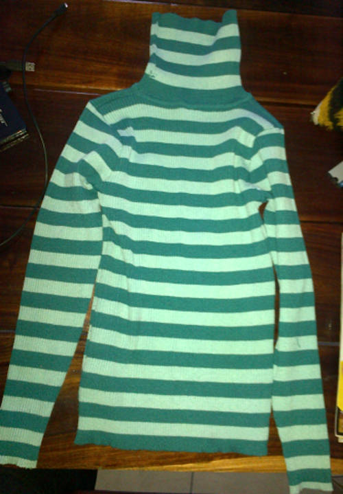 Girls green striped knitted poloneck jersey age  11 - 12 (Mr Price)
