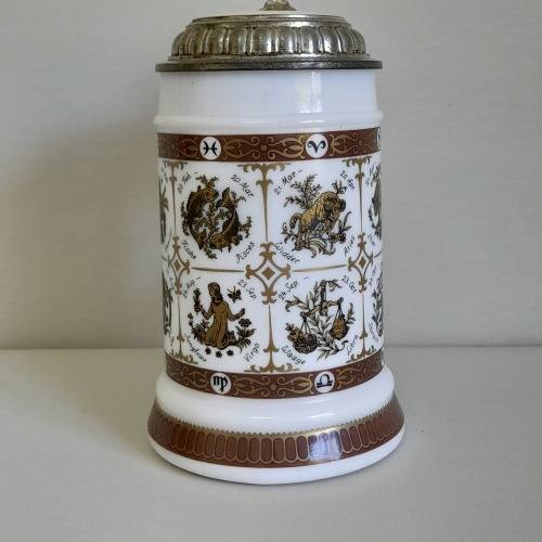 Original BMF Bierseidel German Beer Stein White Milk Glass Horoscope Design