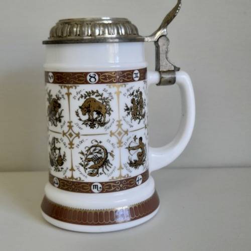 Original BMF Bierseidel German Beer Stein White Milk Glass Horoscope Design
