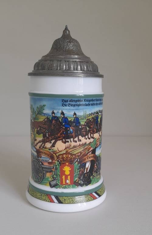 Original BMF Bierseidel Regimental German Milk Glass Pewter Lidded Beer Stein