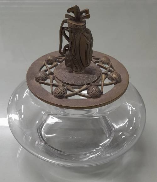 Princess House Pewter Golf Bag and Clubs  Sculpture 1991 On A Glass Jar