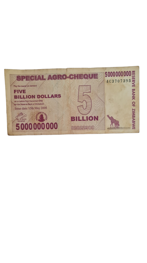 Zimbabwe 5 Billion Dollar Special Agro Cheque Bill Banknote