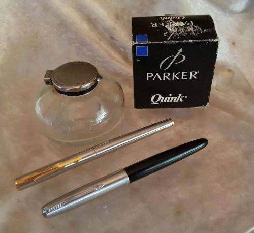 Two Vintage Parker FOUNTAIN PENS & Ink Well & Ink