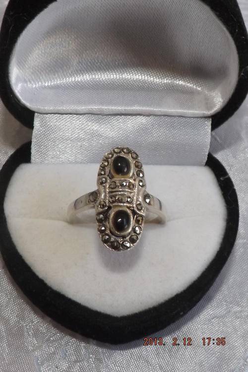 Art Deco Solid Silver Marcasite and Onyx Ring.