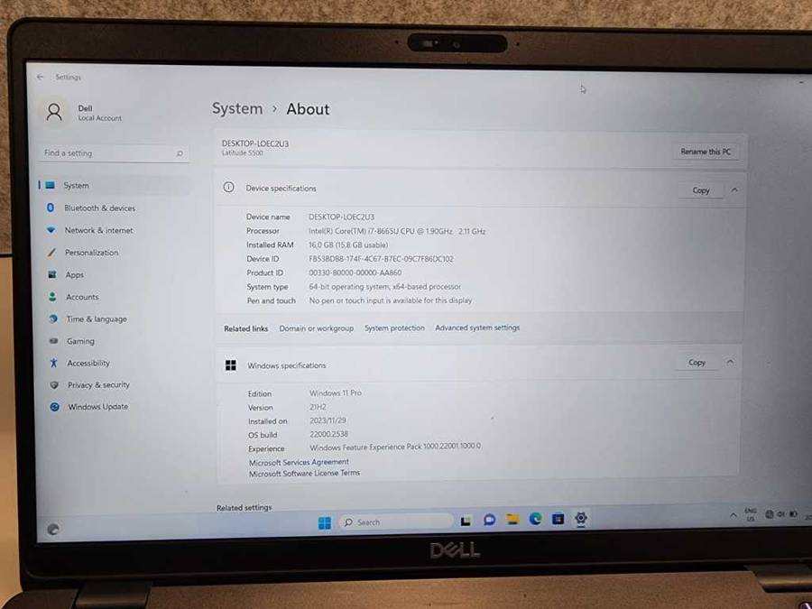Dell 5500 8th Gen i7 Vpro Laptop (16GB Ram), (500GB SSD)