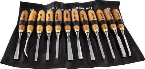 CHISEL SET WOOD CARVING 12PIECE IN LEATHER POUCH