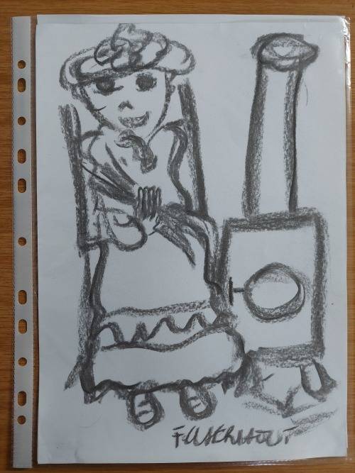 Frans Claerhout - Figure at stove - Charcoal on paper 21cm x 30cm with COA