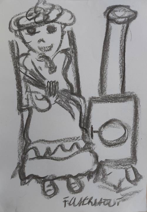 Frans Claerhout - Figure at stove - Charcoal on paper 21cm x 30cm with COA