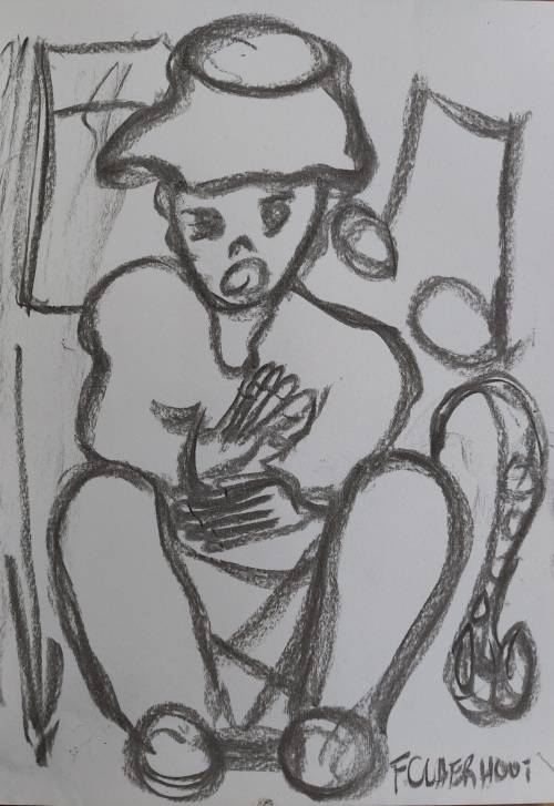 Frans Claerhout - Figure with drum - Charcoal on paper 21cm x 30cm with COA