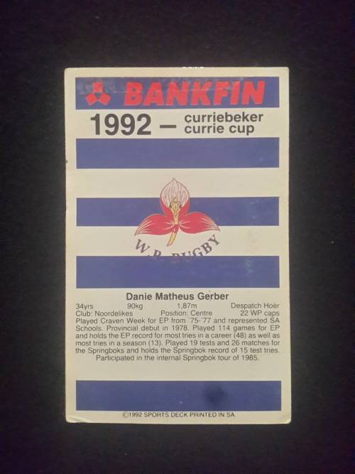 1992 Sports Deck Trading Card # 26 Danie Gerber
