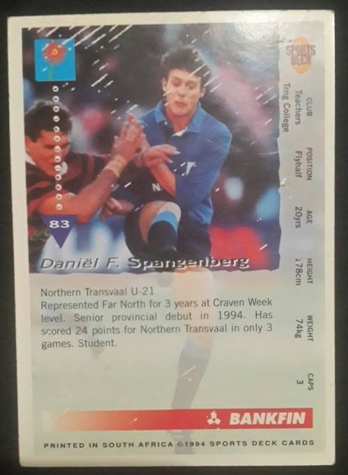1994 Sports Deck Currie Cup Rugby Trading Cards # 83 Frikkie Spangenberg