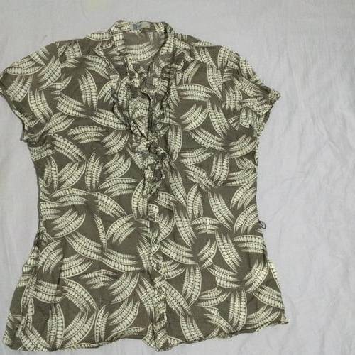 SIZE 14 as new - Label: MERIAN HALL KHAKI AND TAN COTTON SHIRT WITH FRILL DETAIL AND BEADING