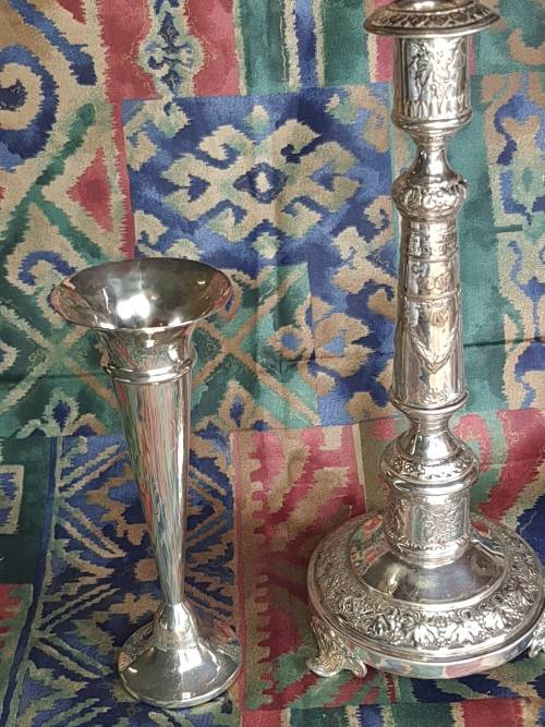 TWO VINTAGE EPNS OR SILVER PLATED VASE AND A ORNATE CANDLE STAND SOLD AS IS