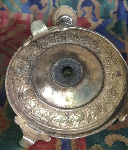 TWO VINTAGE EPNS OR SILVER PLATED VASE AND A ORNATE CANDLE STAND SOLD AS IS