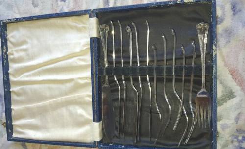 A GENUINE VINTAGE FISH CUTLERY SET FOR SIX  EPNS IN ITS ORIGINAL CASE SOLD AS IS