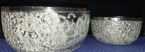 TWO VINTAGE VIETNAMESE BUDDHIST TEMPLE ENGRAVE SCENES SILVER PLATED BOWLS