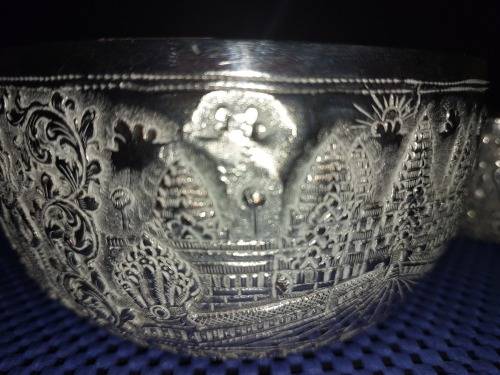 TWO VINTAGE VIETNAMESE BUDDHIST TEMPLE ENGRAVE SCENES SILVER PLATED BOWLS