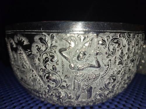 TWO VINTAGE VIETNAMESE BUDDHIST TEMPLE ENGRAVE SCENES SILVER PLATED BOWLS