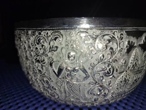 TWO VINTAGE VIETNAMESE BUDDHIST TEMPLE ENGRAVE SCENES SILVER PLATED BOWLS