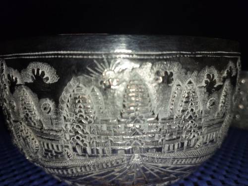 TWO VINTAGE VIETNAMESE BUDDHIST TEMPLE ENGRAVE SCENES SILVER PLATED BOWLS