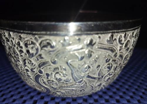 TWO VINTAGE VIETNAMESE BUDDHIST TEMPLE ENGRAVE SCENES SILVER PLATED BOWLS