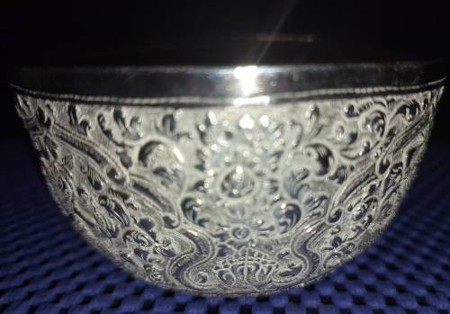 TWO VINTAGE VIETNAMESE BUDDHIST TEMPLE ENGRAVE SCENES SILVER PLATED BOWLS